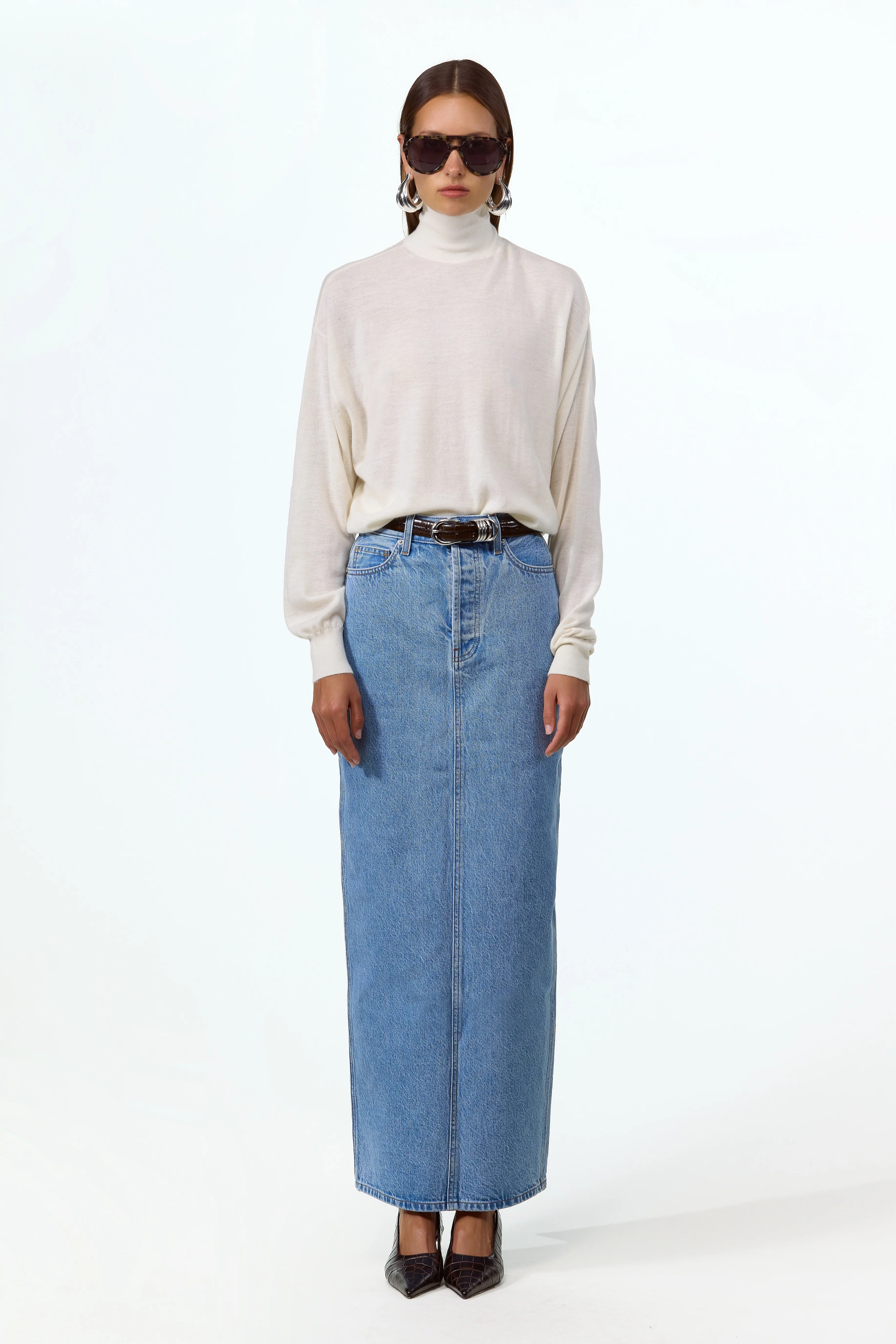 The Denim Pencil Maxi Skirt (Classic Blue)