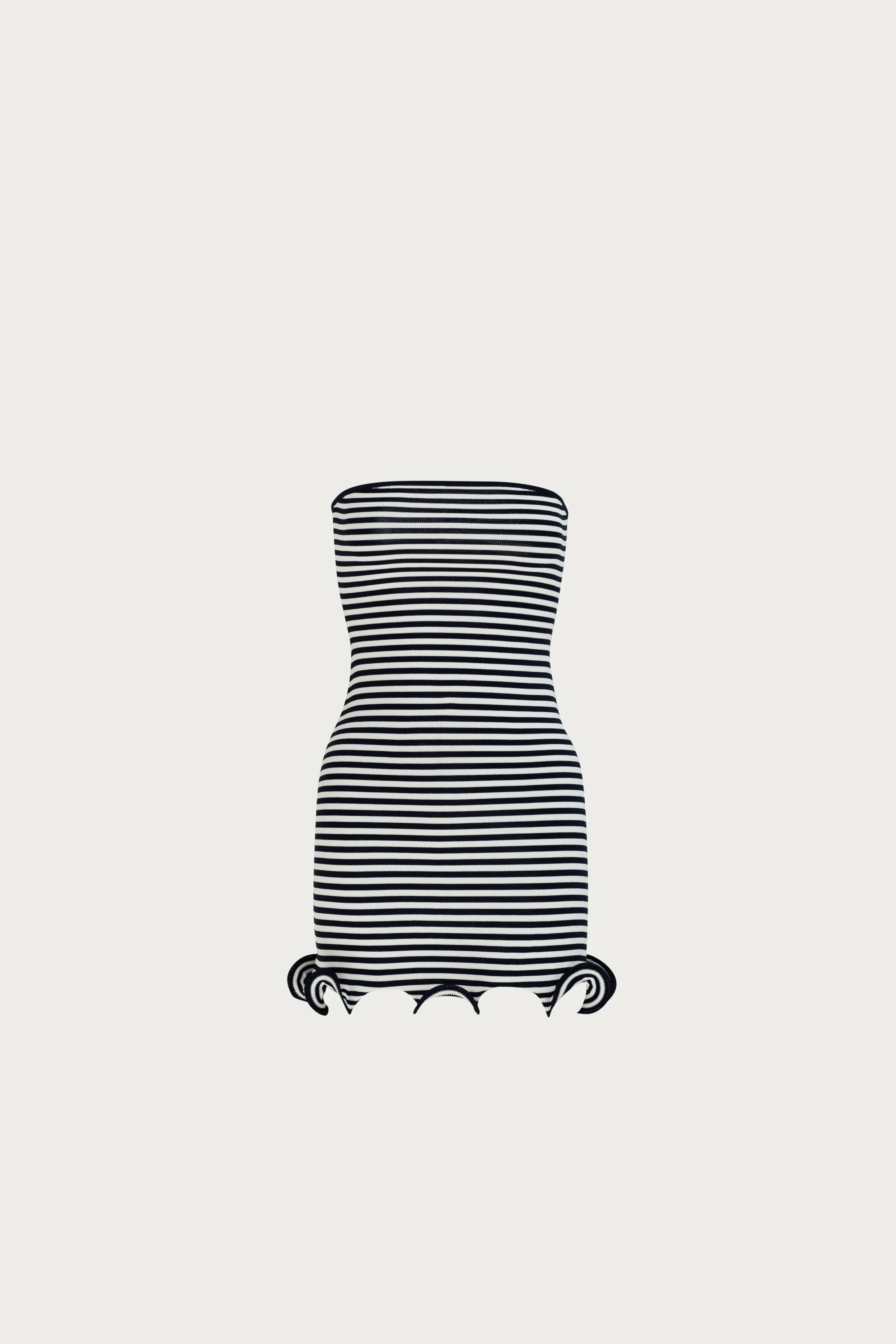 1641-ruffle-hem-strapless-mini-dress-navy-stripe-1.webp Ruffle Hem Strapless Mini Dress (Navy Stripe)