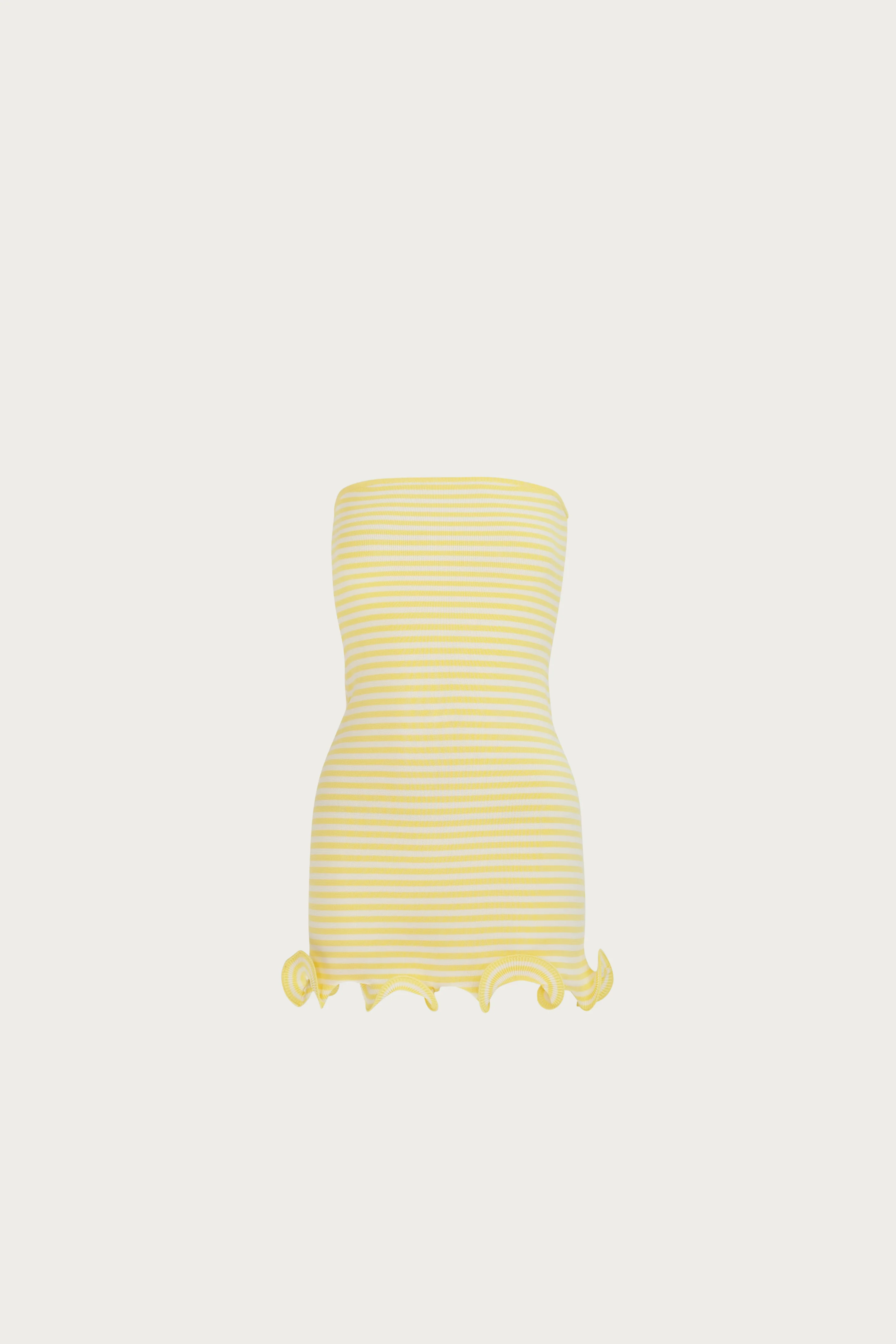1646-ruffle-hem-strapless-mini-dress-butter-yellow-stripe-1.webp Ruffle Hem Strapless Mini Dress (Butter Yellow Stripe)