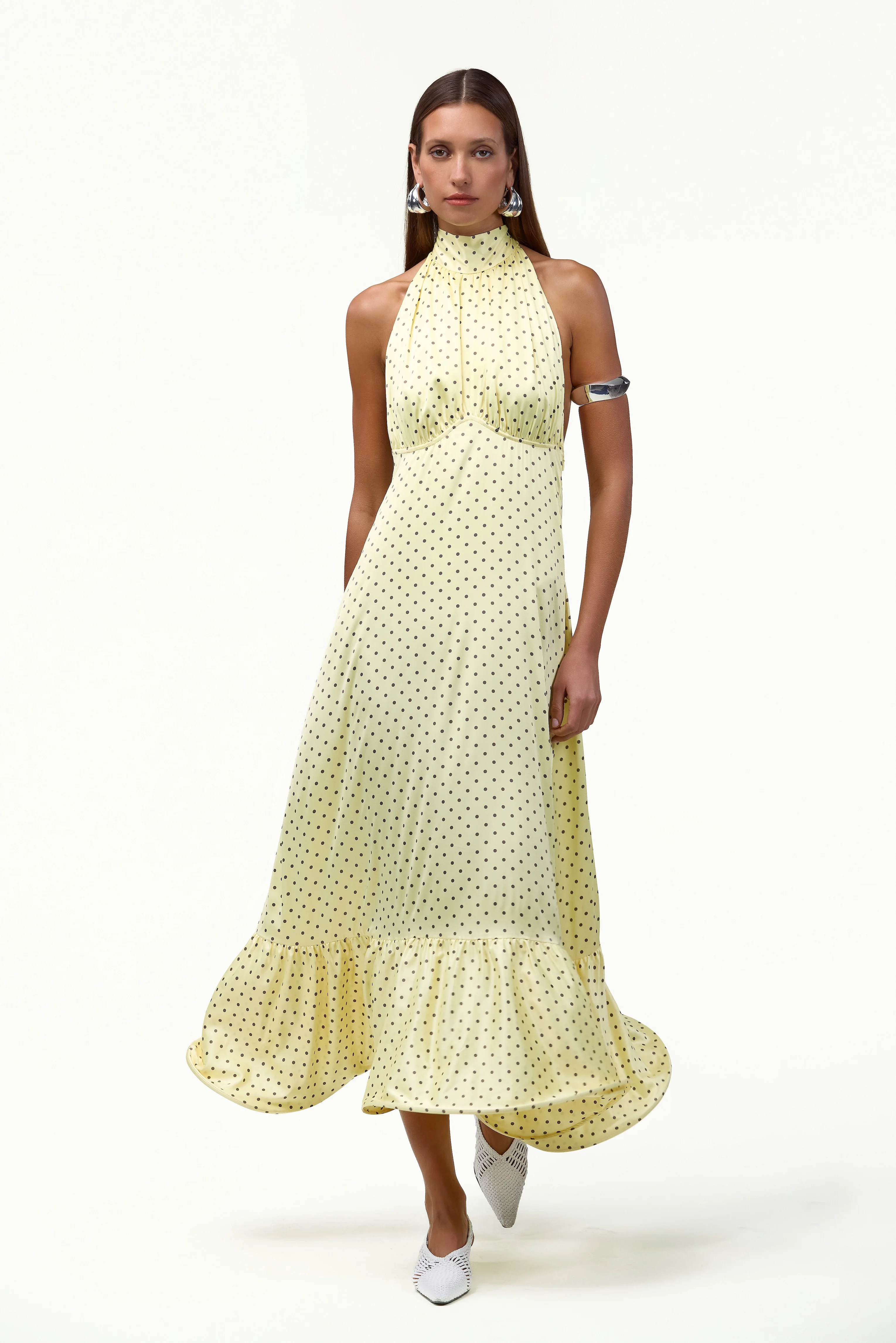 Halter Flounce Midi Dress (Yellow Polka Dot)