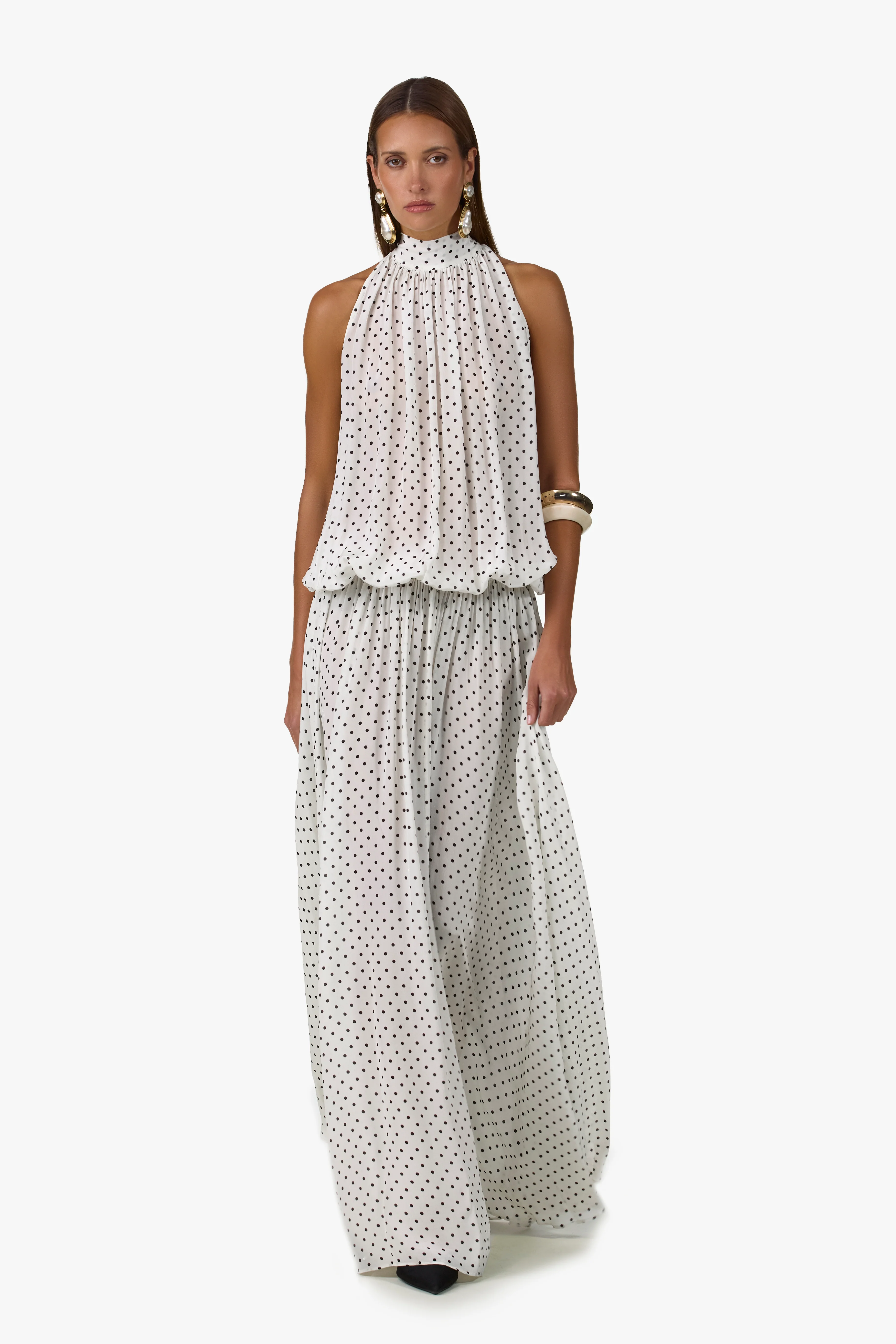Drop Waist Chiffon Gown (Cream Polka Dot)