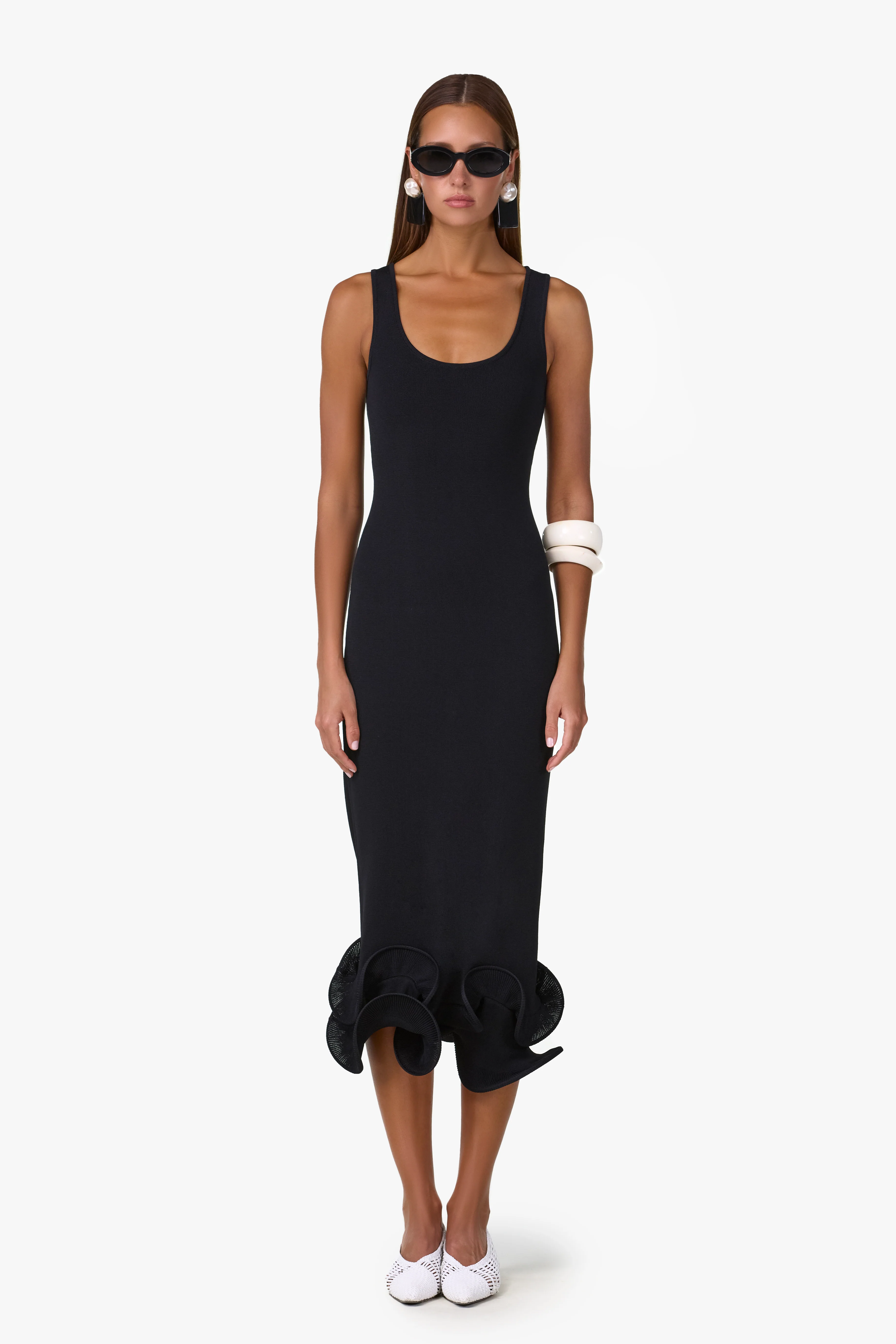 Double Ruffle Hem Midi Dress (Black)