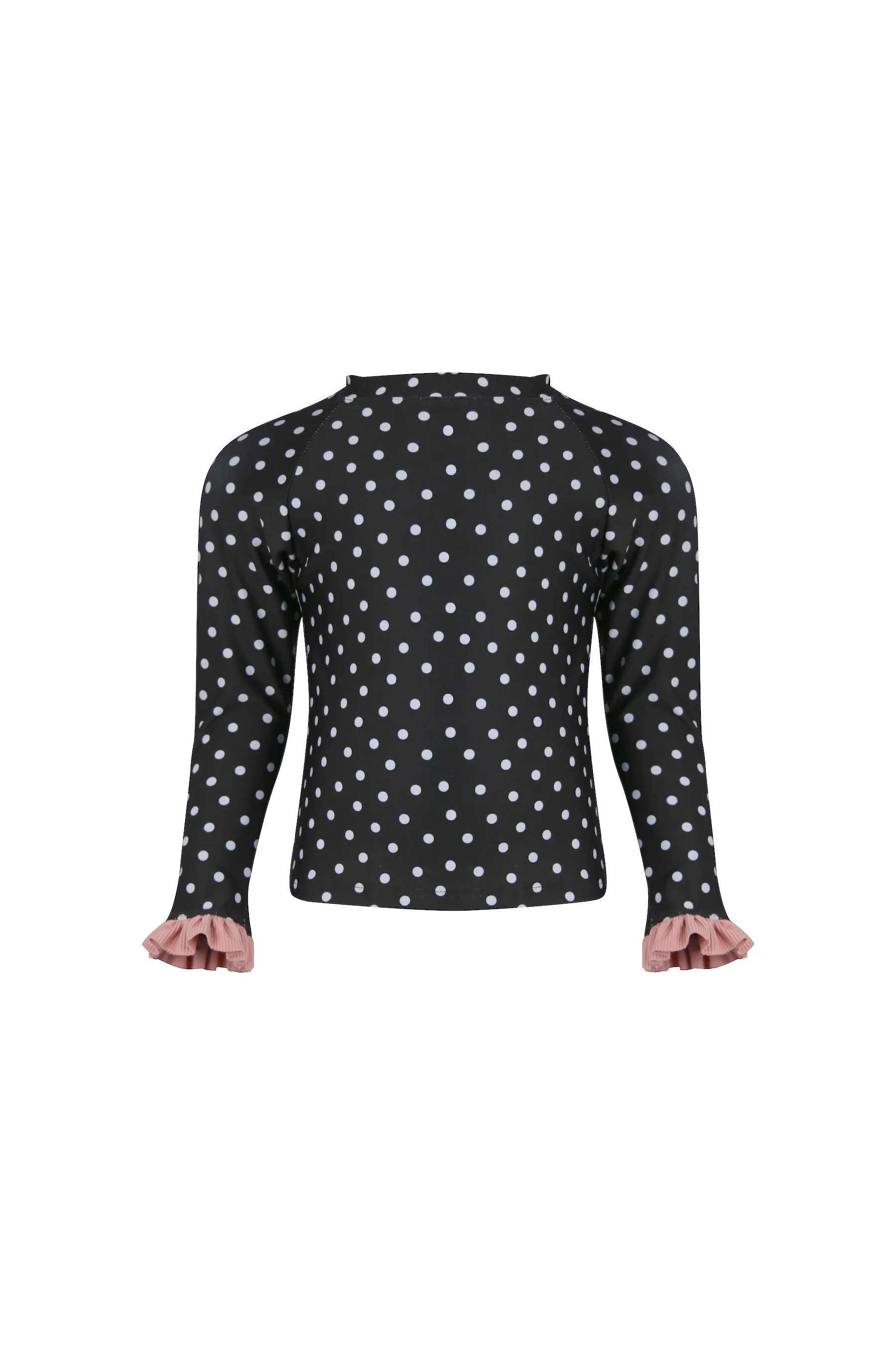 ruffle rashguard (black white polka dot/ribbed blush)