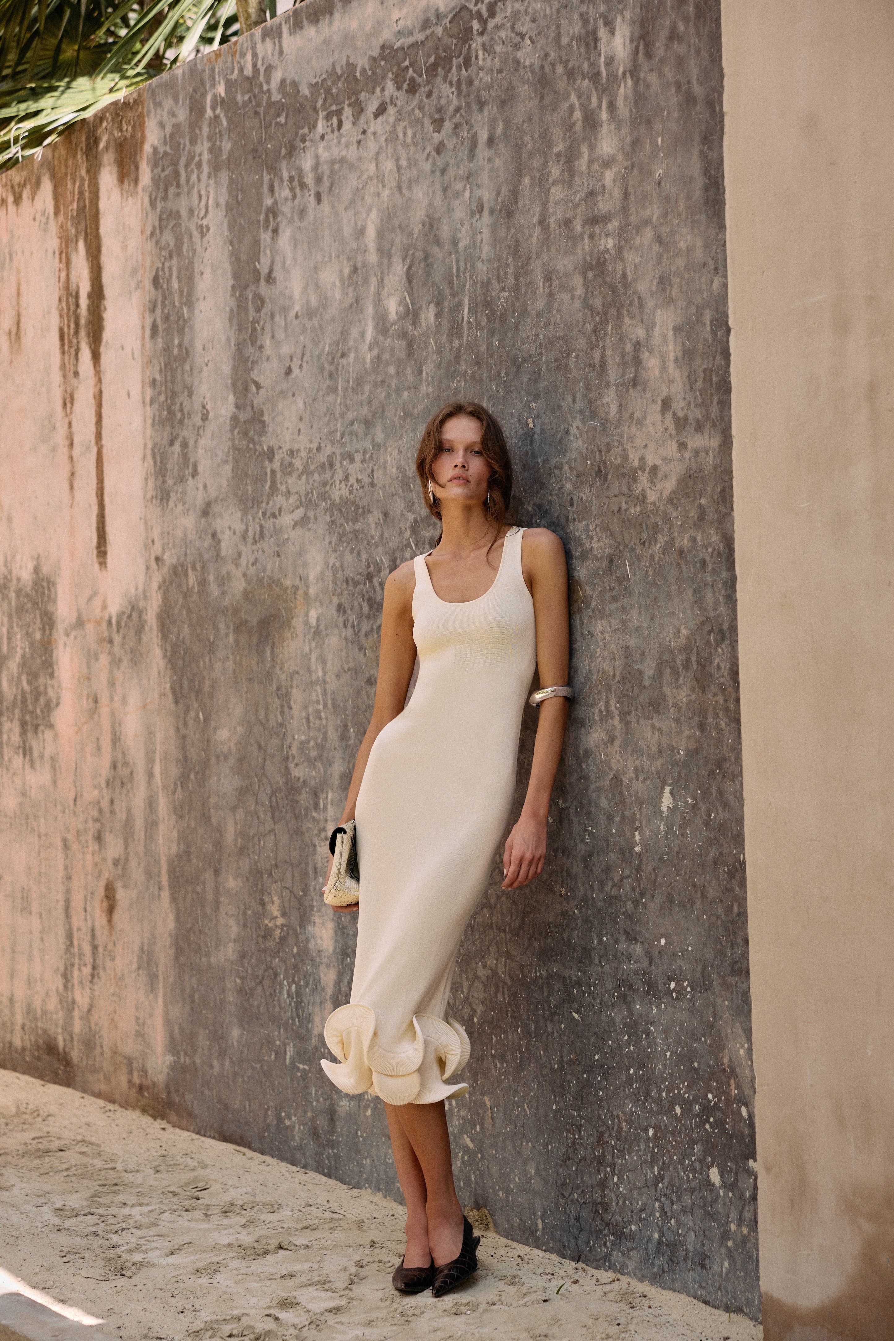 Double Ruffle Hem Midi Dress (Cream)