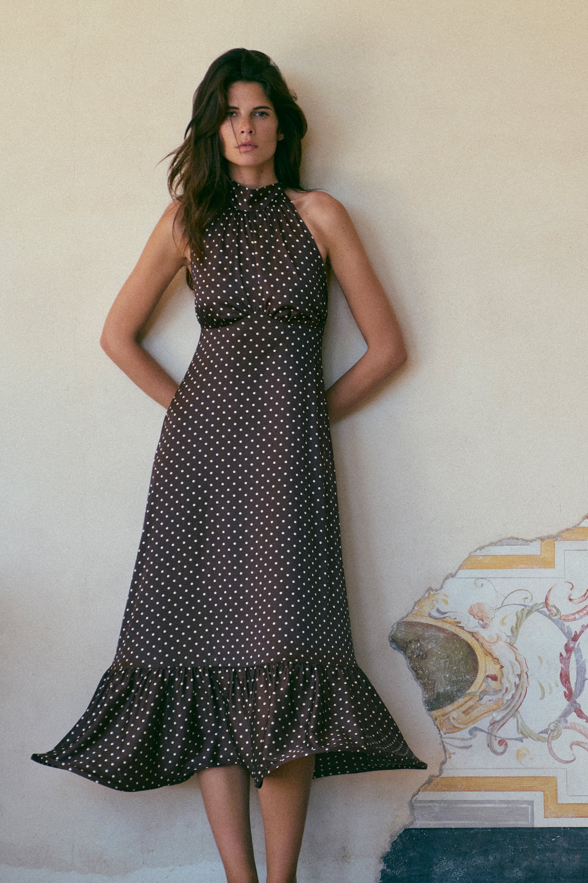 Halter Flounce Midi Dress (Brown Polka Dot)