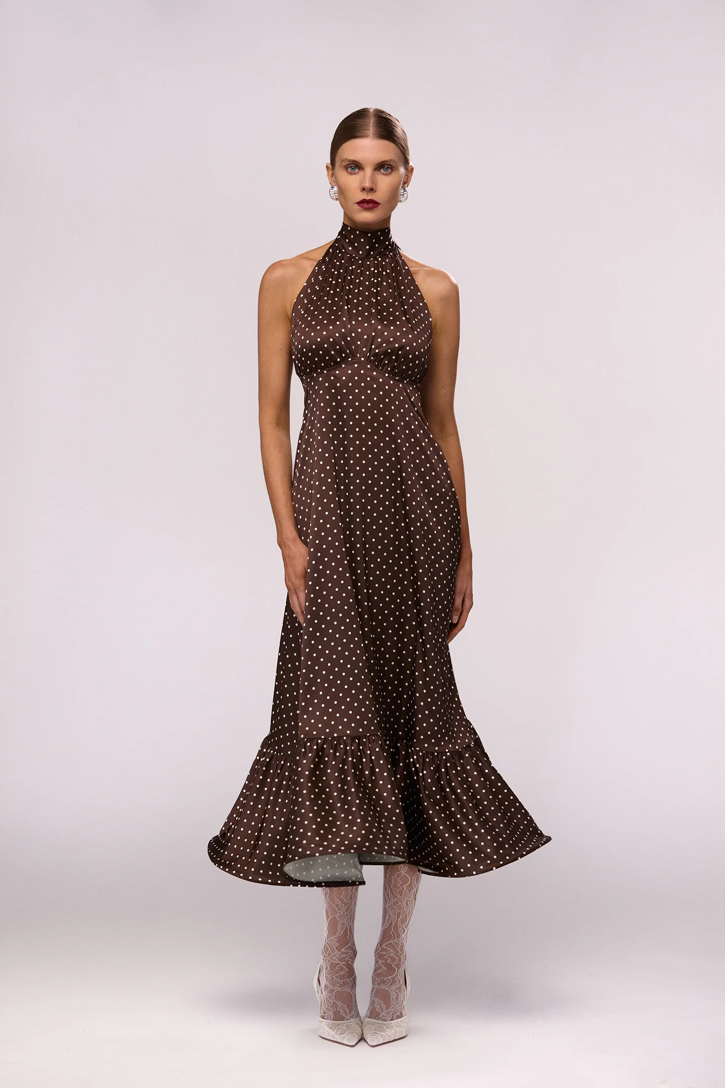 Halter Flounce Midi Dress (Brown Polka Dot)