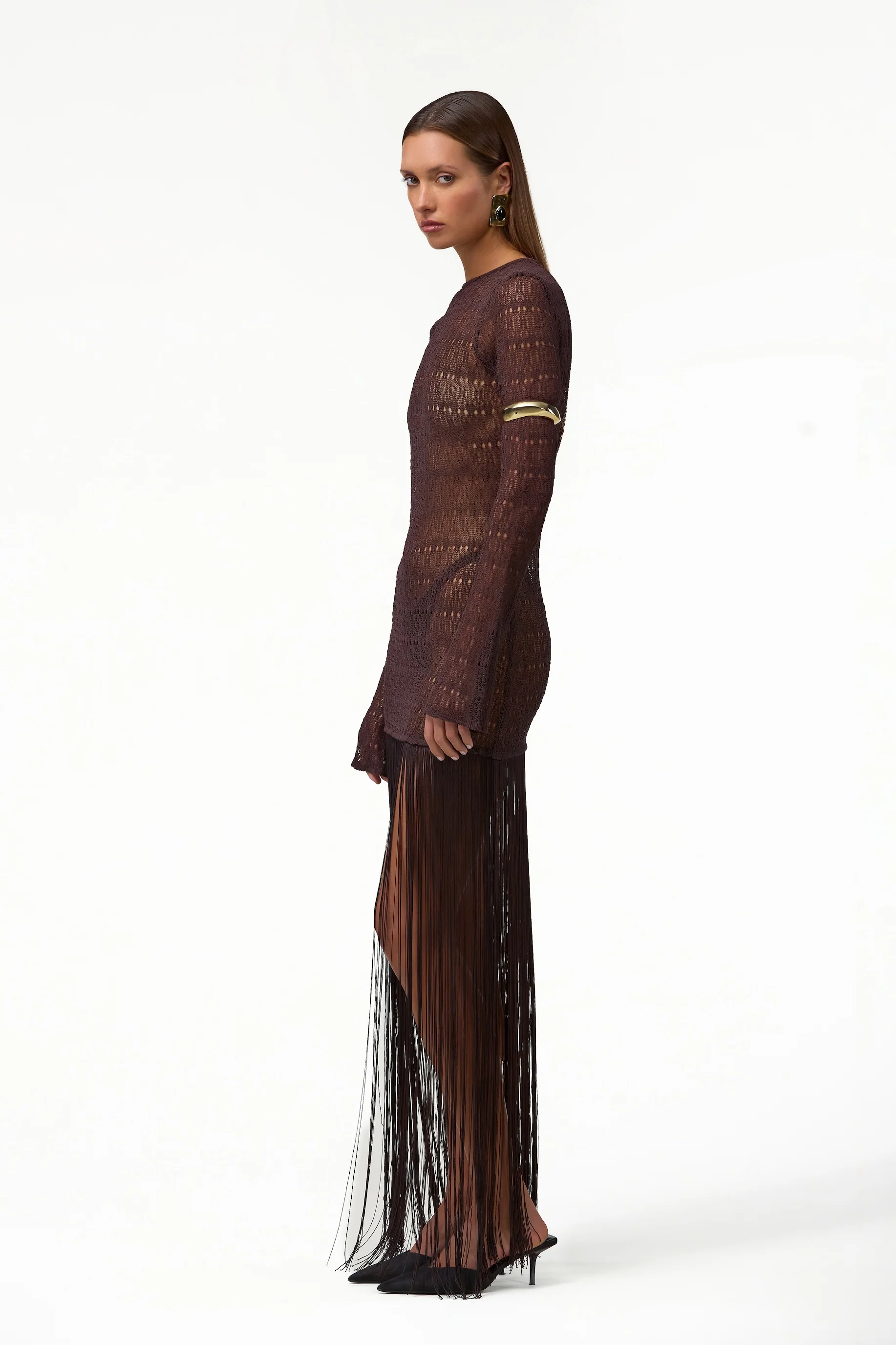 Long Sleeve Fringe Knit Maxi Dress (Chocolate Brown)