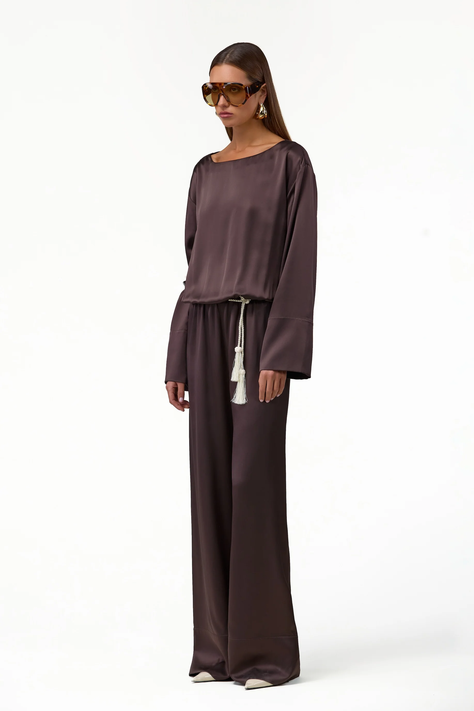 Long Sleeve Silk Jumpsuit (Chocolate Brown)