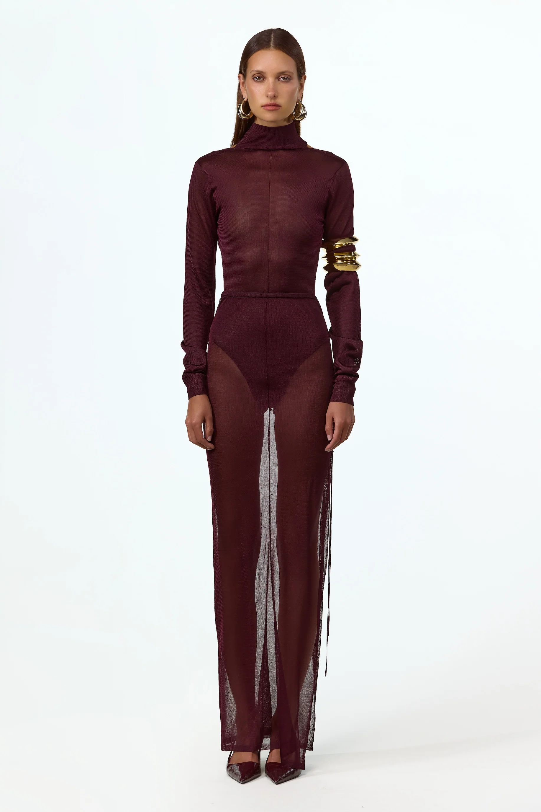 Ruched Knit Maxi Skirt (Merlot)