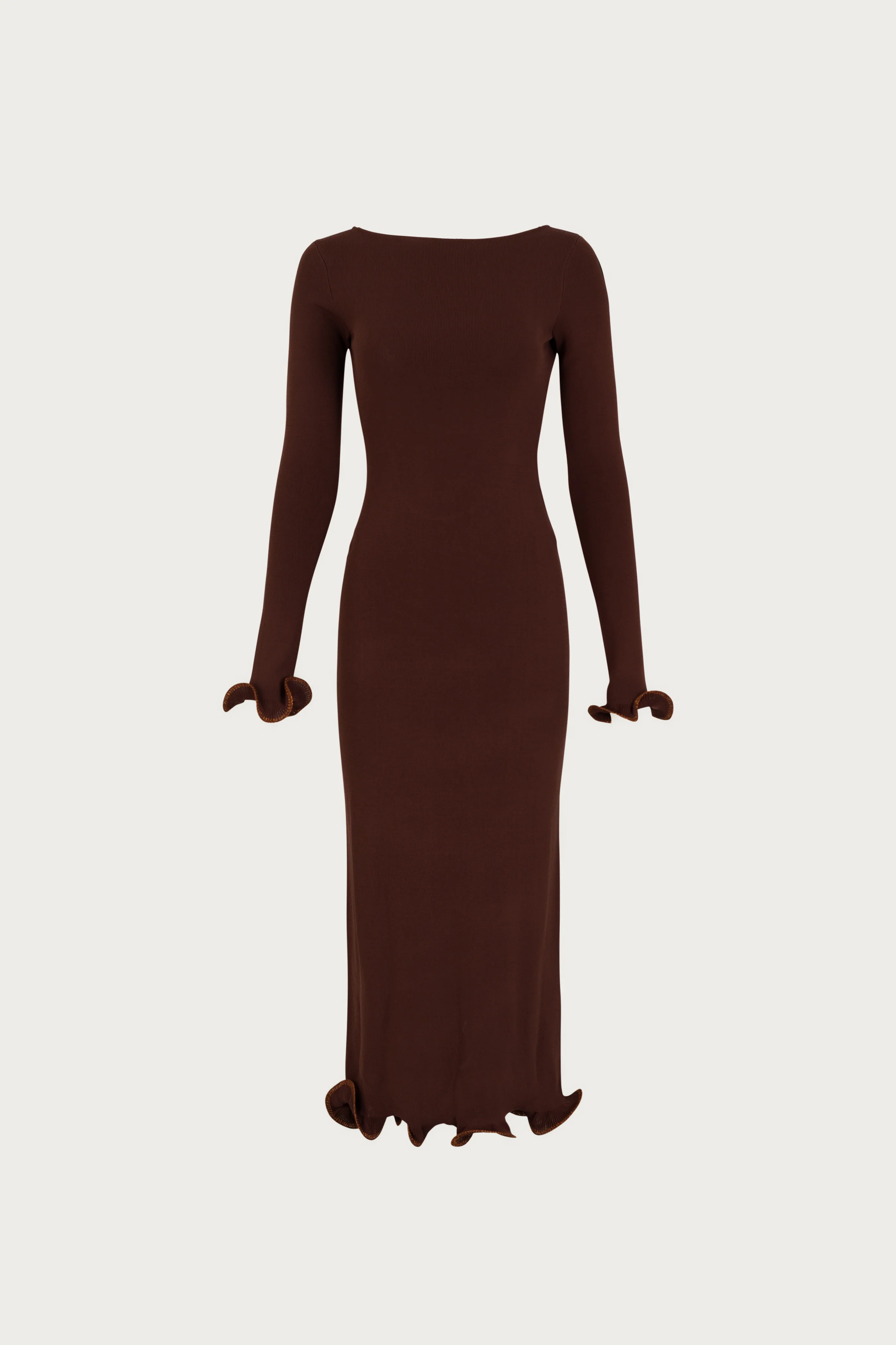 888-ruffle-hem-midi-dress-chocolate-brown-brown-lurex-1.webp Ruffle Hem Midi Dress (Chocolate Brown/Brown Lurex)