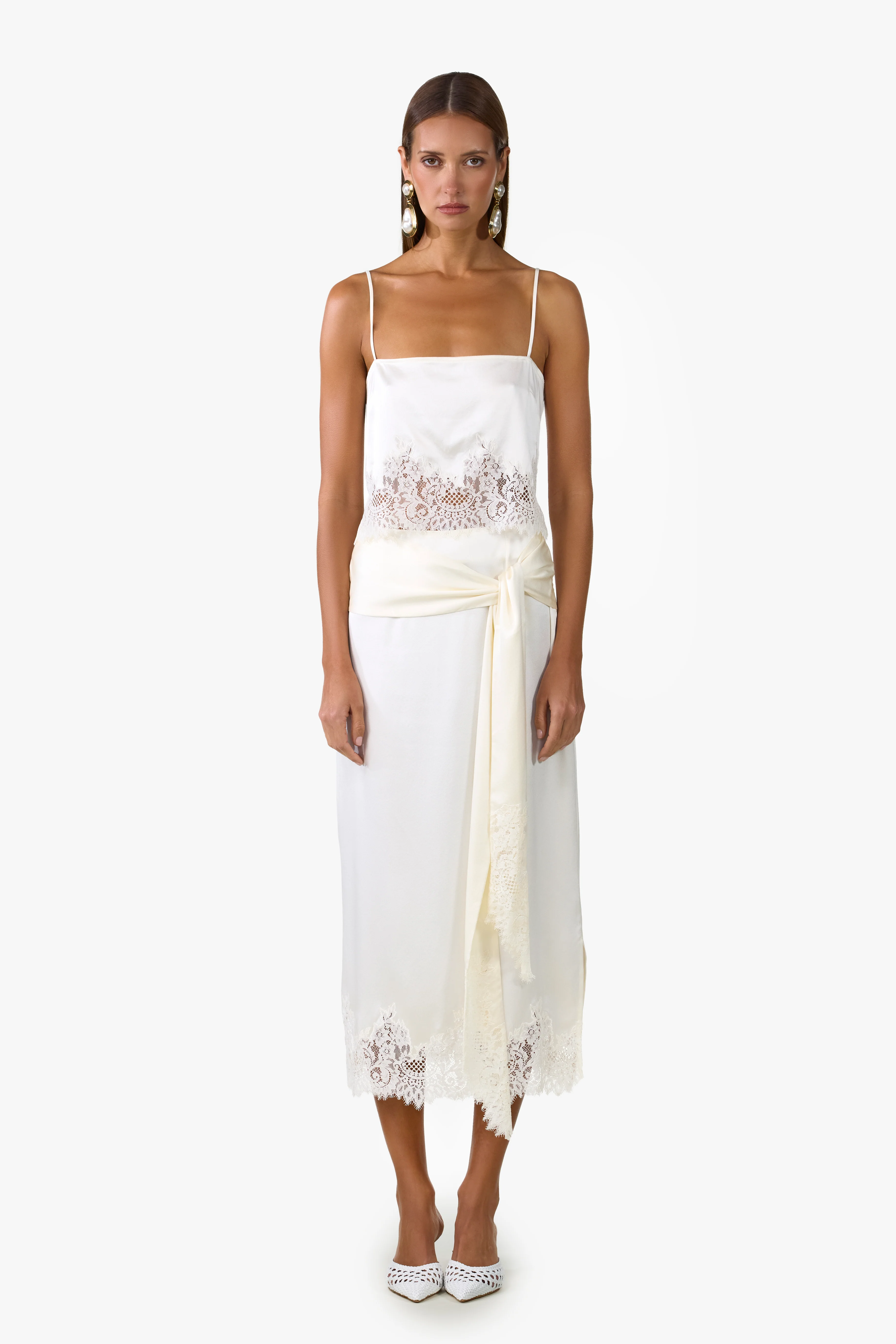 Lace Silk Midi Skirt (Cream)